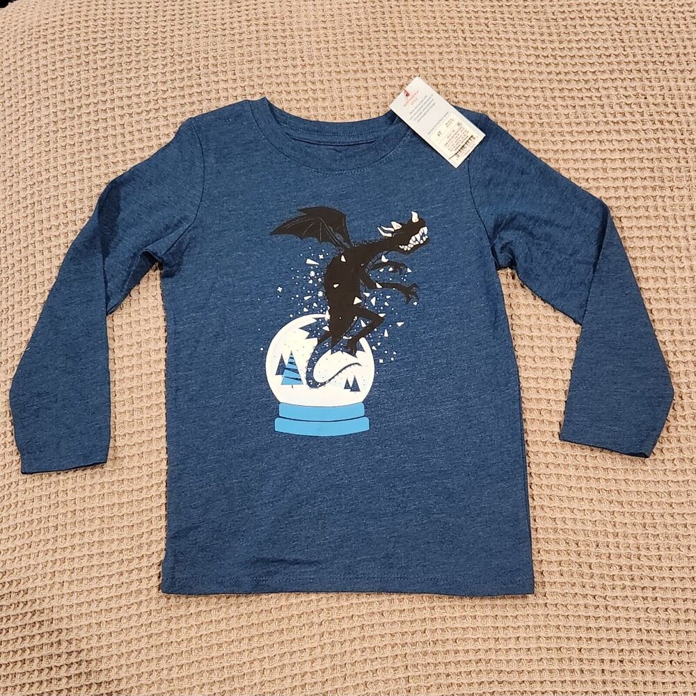 Cat & Jack Long Sleeve Dragon Shirt 3T Blue Casual Snow Globe NWT